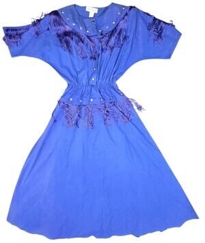 Vintage Lilia Smitty Western Dress Fringe Metallic Studded Blue Women 11/12 Maxi